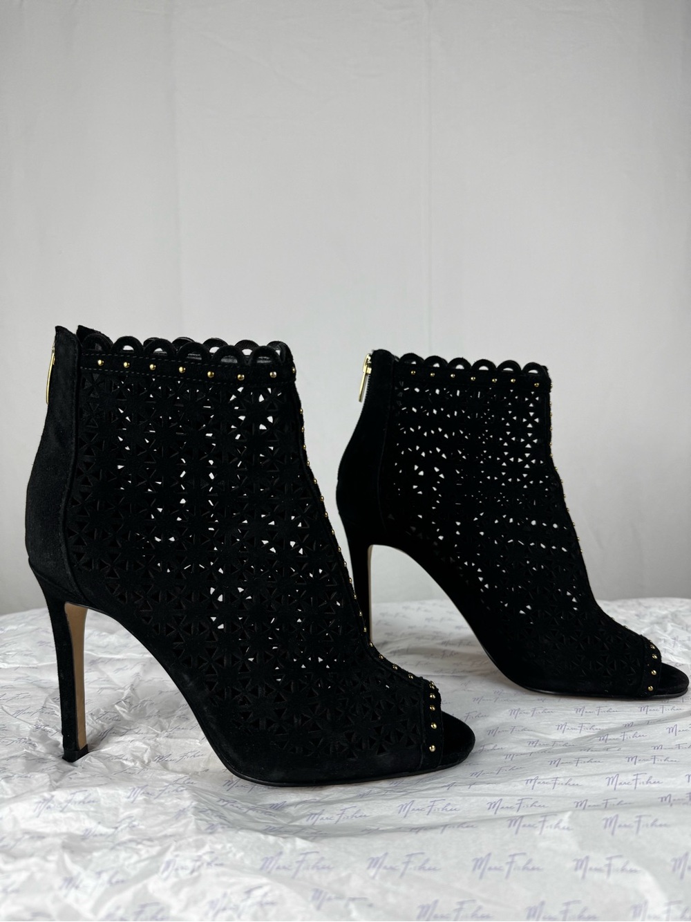 Marc Fisher Black Laser-Cut Peep-Toe Ankle Boots with Stud Accents